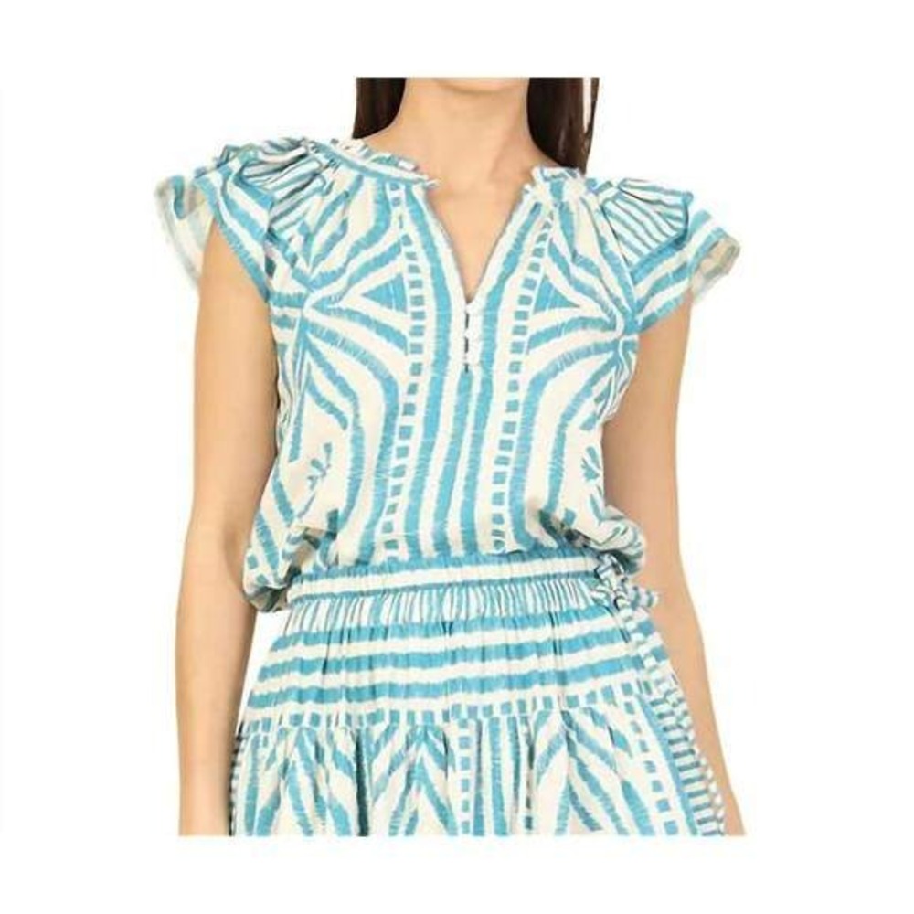 Omika Wilora Blouse Women L Blue Jolie Lagoon Ikat Ruffle Sleeve